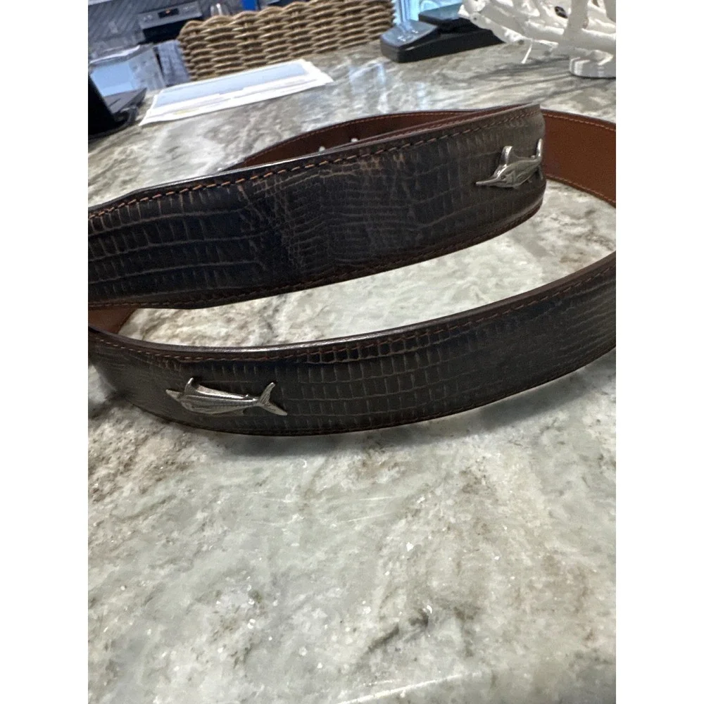 Men's Zep-Pro brown leather belt textured textured‎ marlin fish emblem strap 38